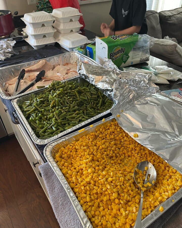 Trays of Thanksgiving food packed up for delivery